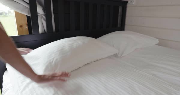 Preparation Of Hotel Room Clean Fresh Bed Sheets And Pillowcases