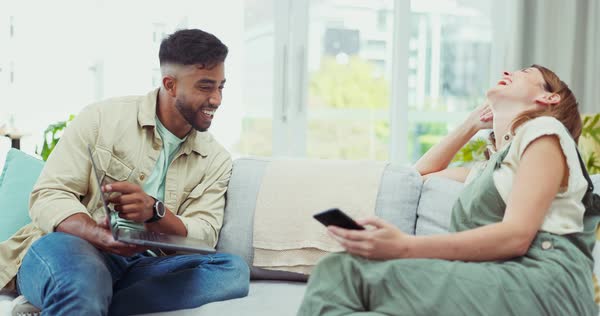 Talking, laughing and a couple with a laptop for a meme, funny