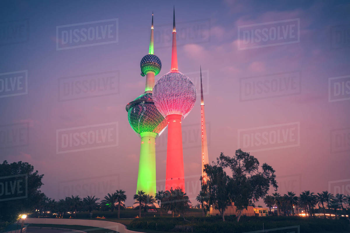 Lit Kuwait Towers in Kuwait City, Kuwait Stock Photo Dissolve