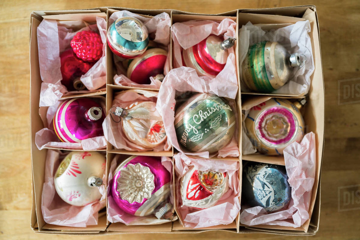 Vintage Christmas ornaments in box Stock Photo Dissolve