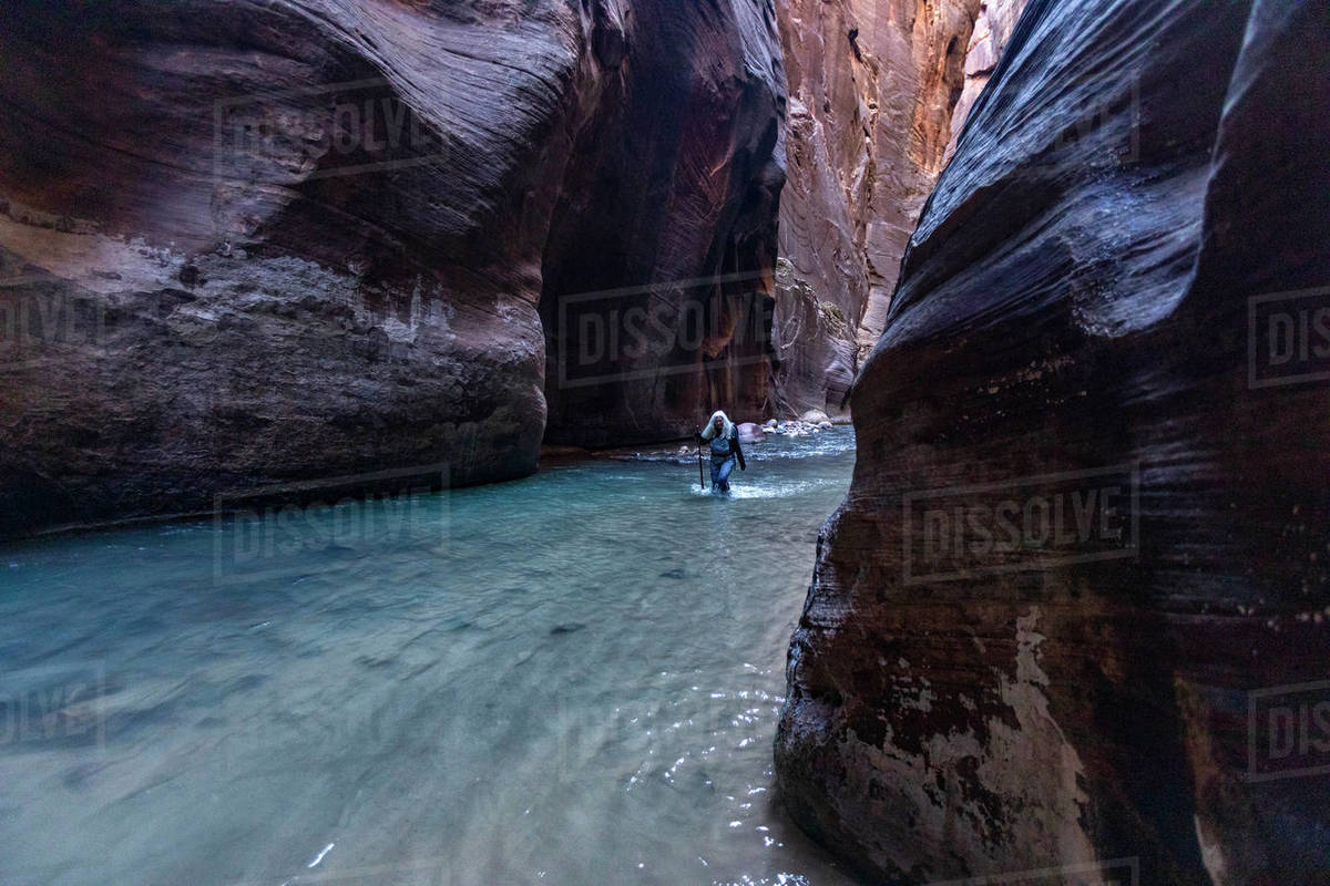 United States, Utah, Zion National Park, Senior female hiker wading The
