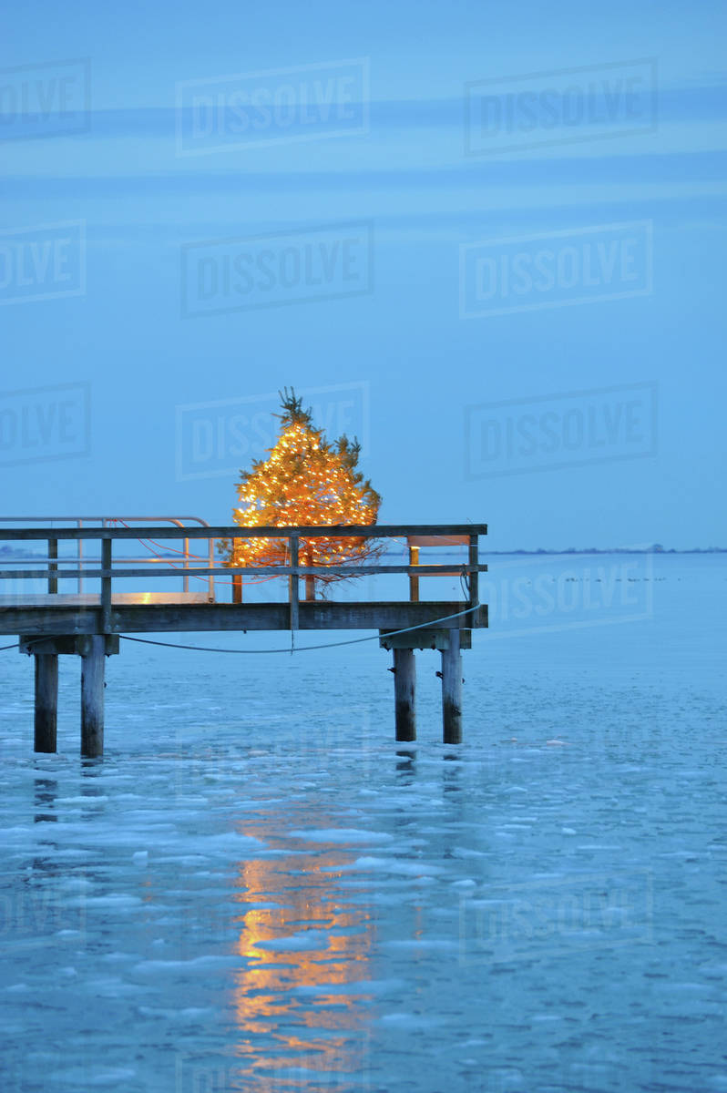 Christmas tree with yellow lights on pier, blue sky and water at dusk