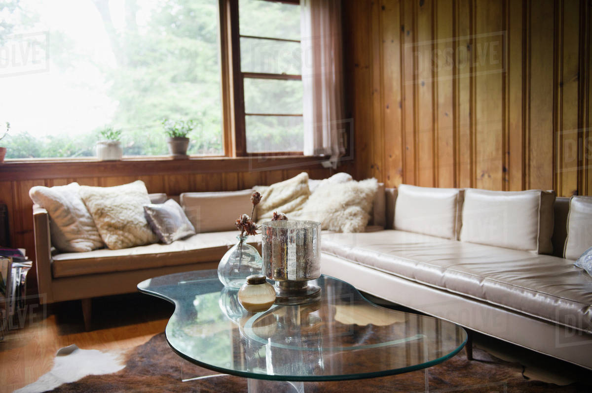 Roaring Brook Lake, Living room in summer home Stock Photo Dissolve