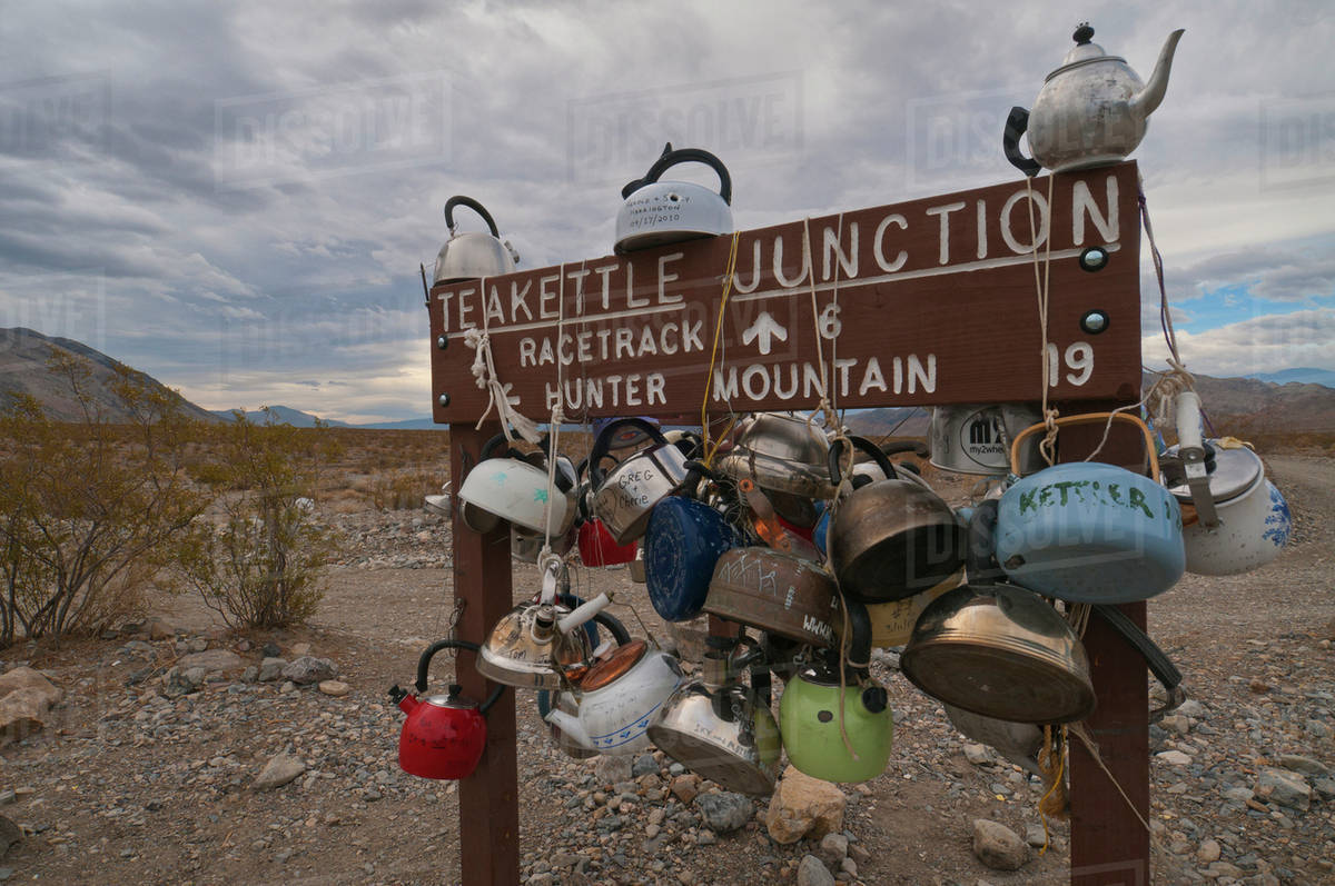 USA, California, Tea Kettle Junction road sign Stock Photo Dissolve