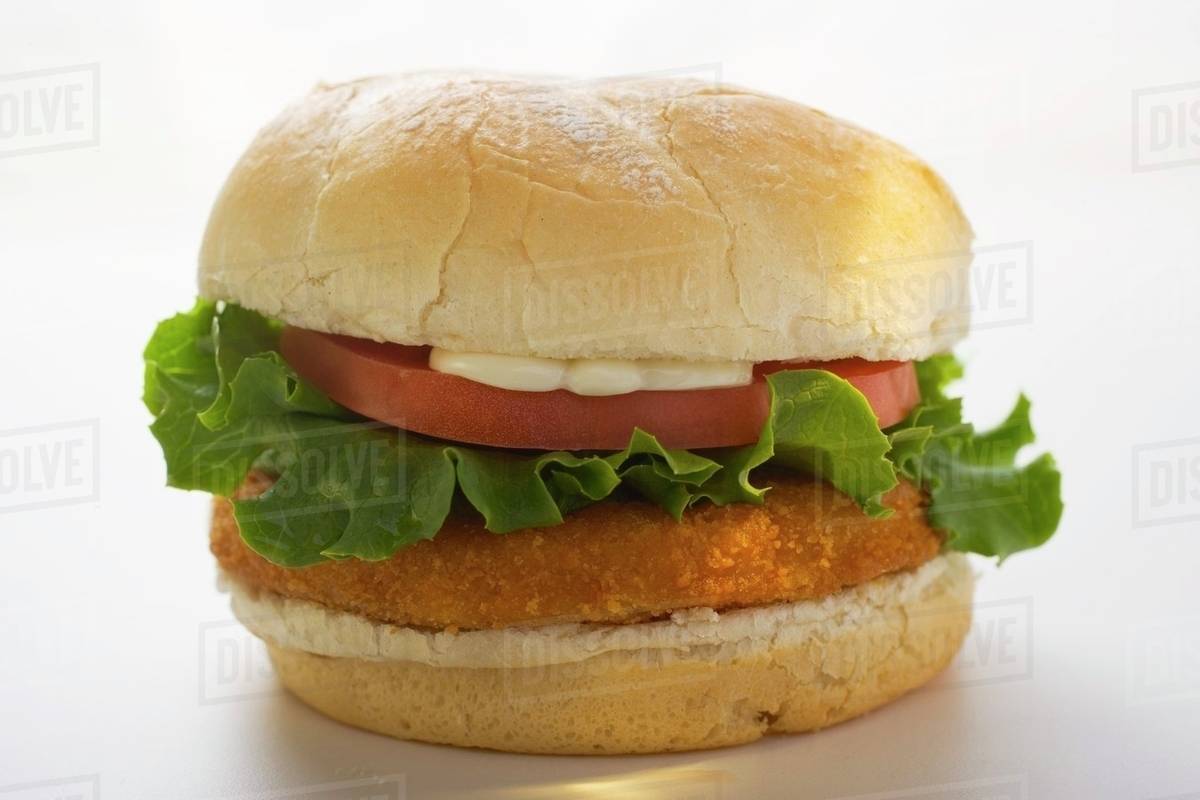 Chicken burger with tomato, lettuce and mayonnaise Stock Photo Dissolve