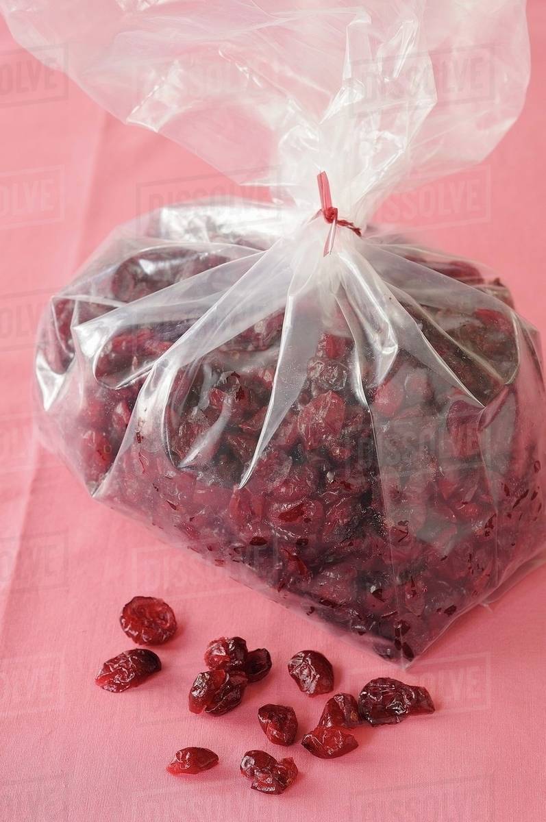 Dried Cranberries In A Plastic Bag Stock Photo