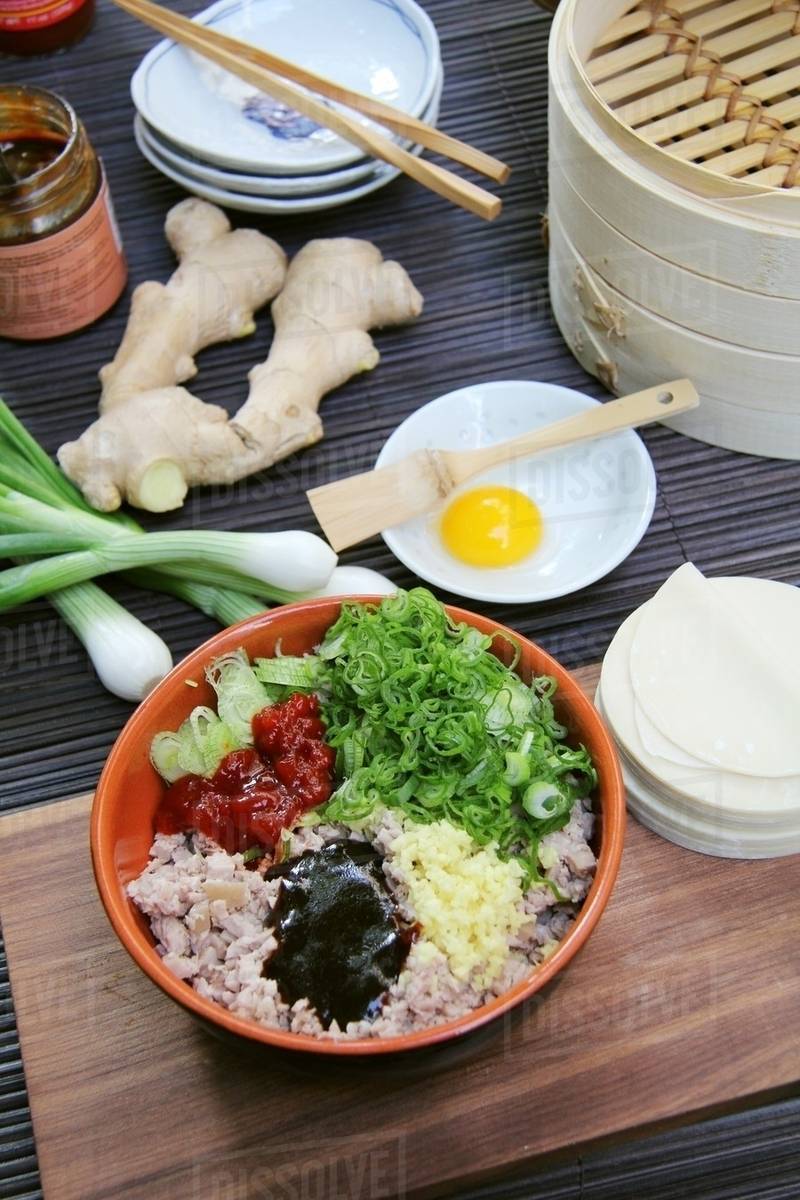 Ingredients for dim sum (pork belly, ginger, spring onions, egg, gyoza pastry) Stock Photo