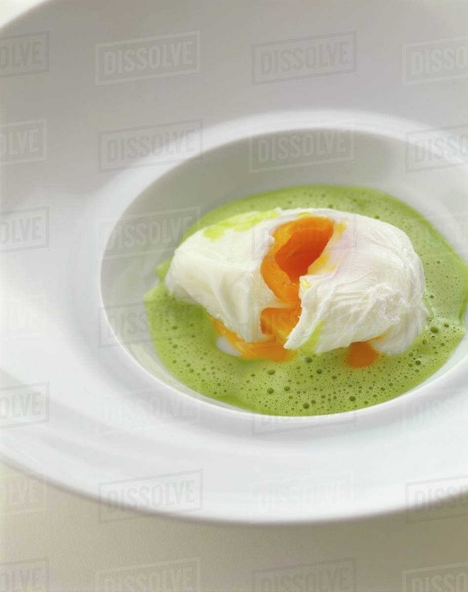 Herb foam soup with poached egg Stock Photo Dissolve