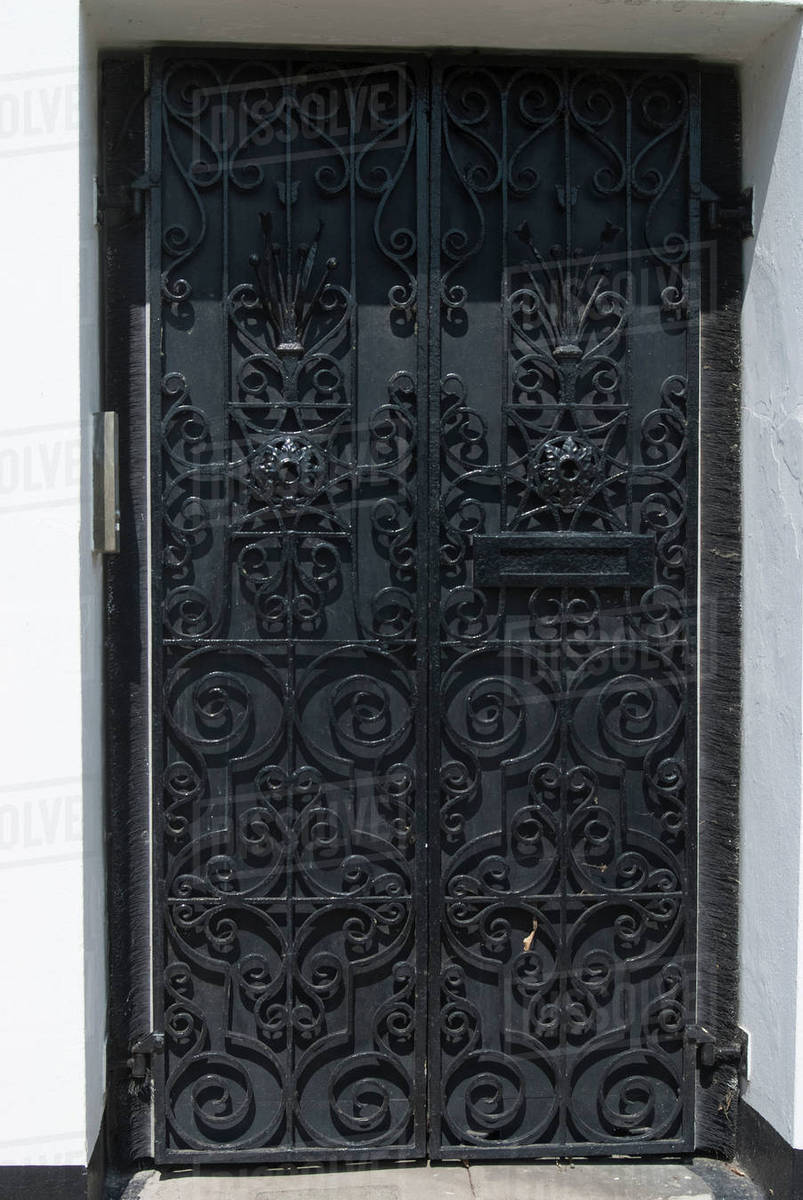 A Metal Grill In Front Of A Black Door Of A Residential House
