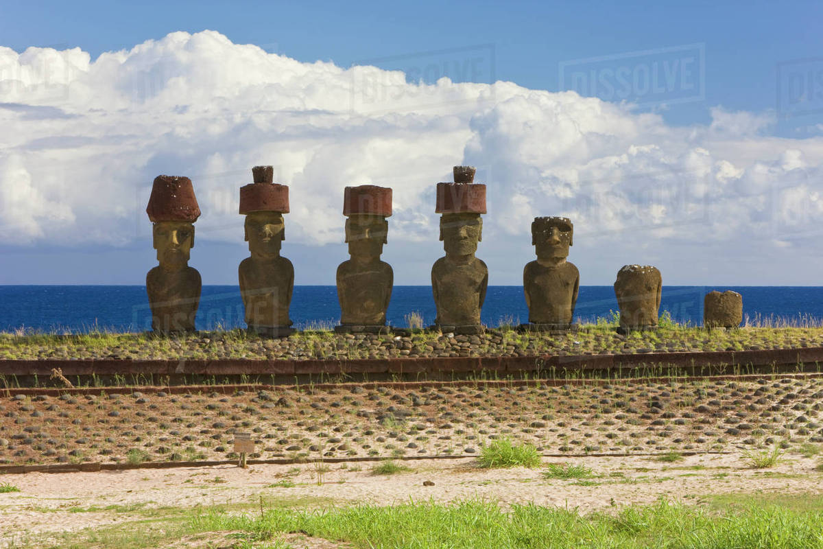 Anakena Beach Monolithic Giant Stone Moai Statues Of Ahu Nau Anakena Beach Monolithic Giant Stone Moai Statues Of Ahu Nau Four Which Have Topknots Isla De Pascua Easter Island Rapa Nui Chile 2008