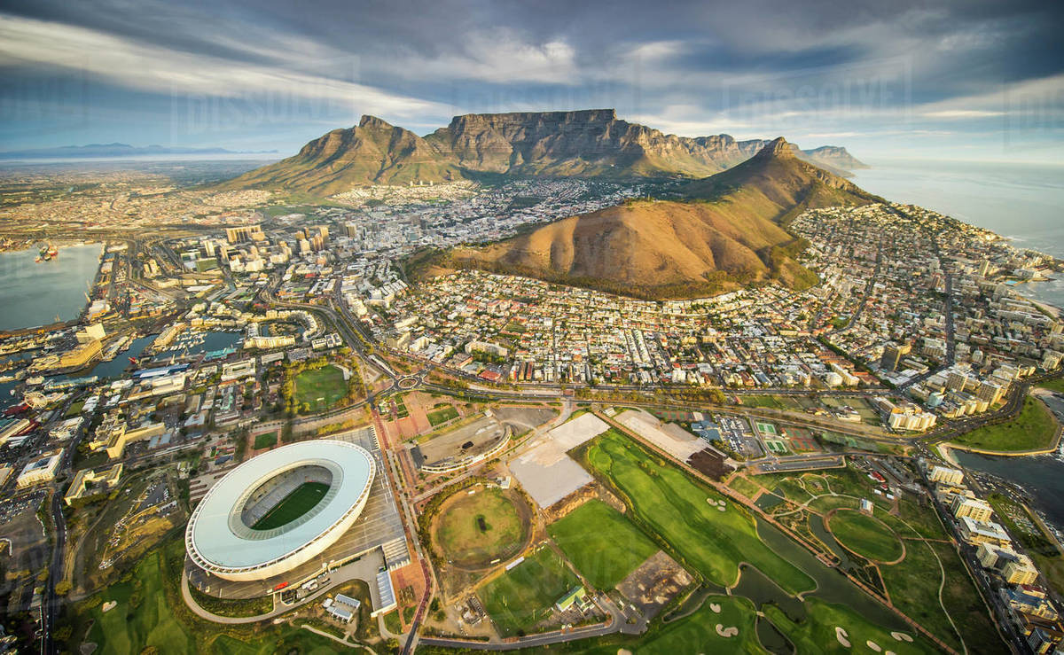 Aerial view of Cape Town city with Table Mountain, South Africa, taken