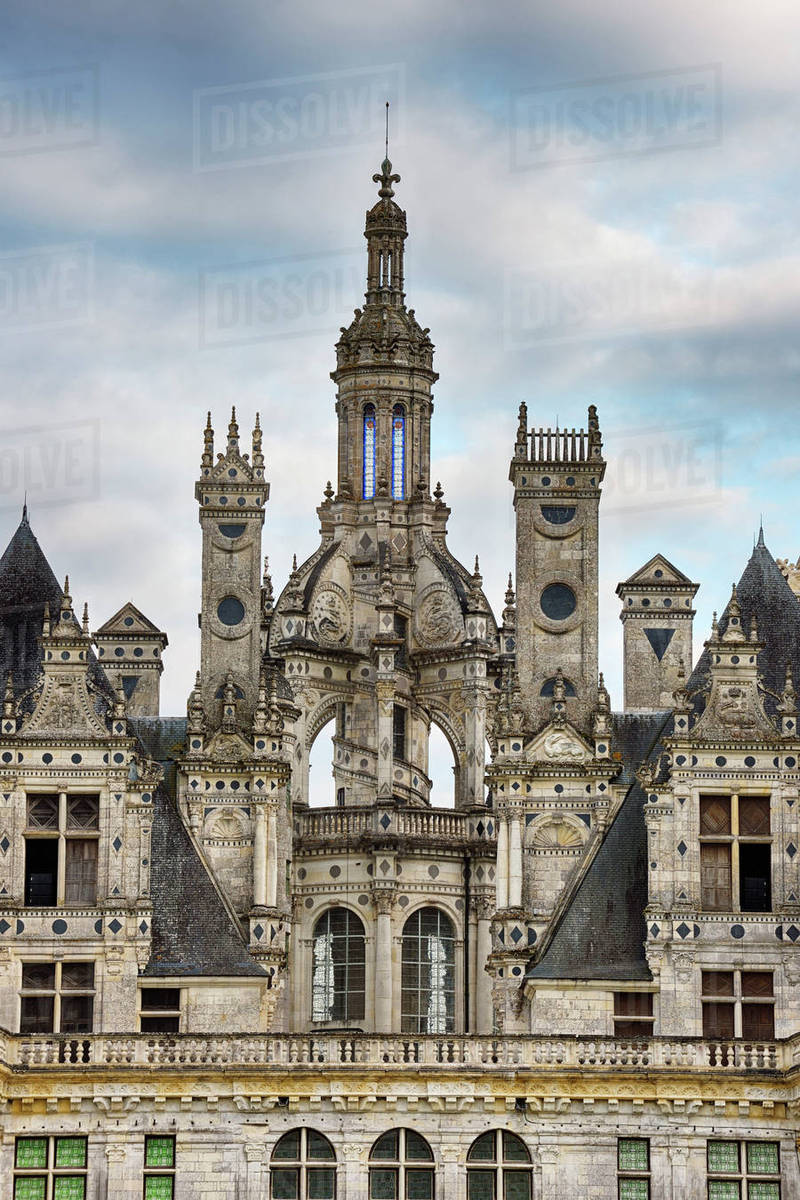 Close up of towers at Chambord Castle (Chateau de Chambord). UNESCO World Heritage Site