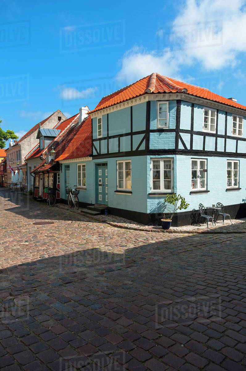 Typical painted houses and Cobblestone Street, Aeroskobing Village