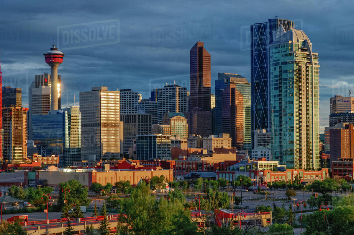 Downtown skyline at dawn, Calgary, Alberta, Canada Stock Photo Dissolve