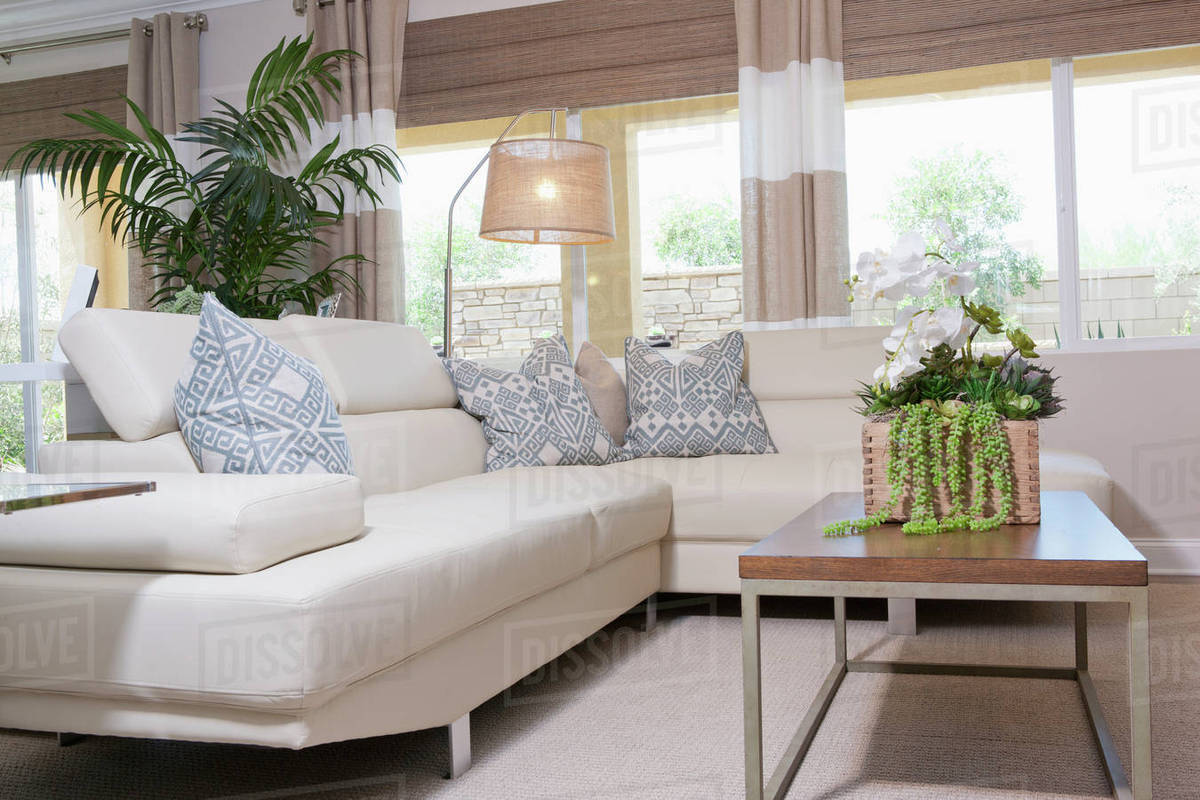 Sectional sofa and coffee table in living room - Stock Photo - Dissolve