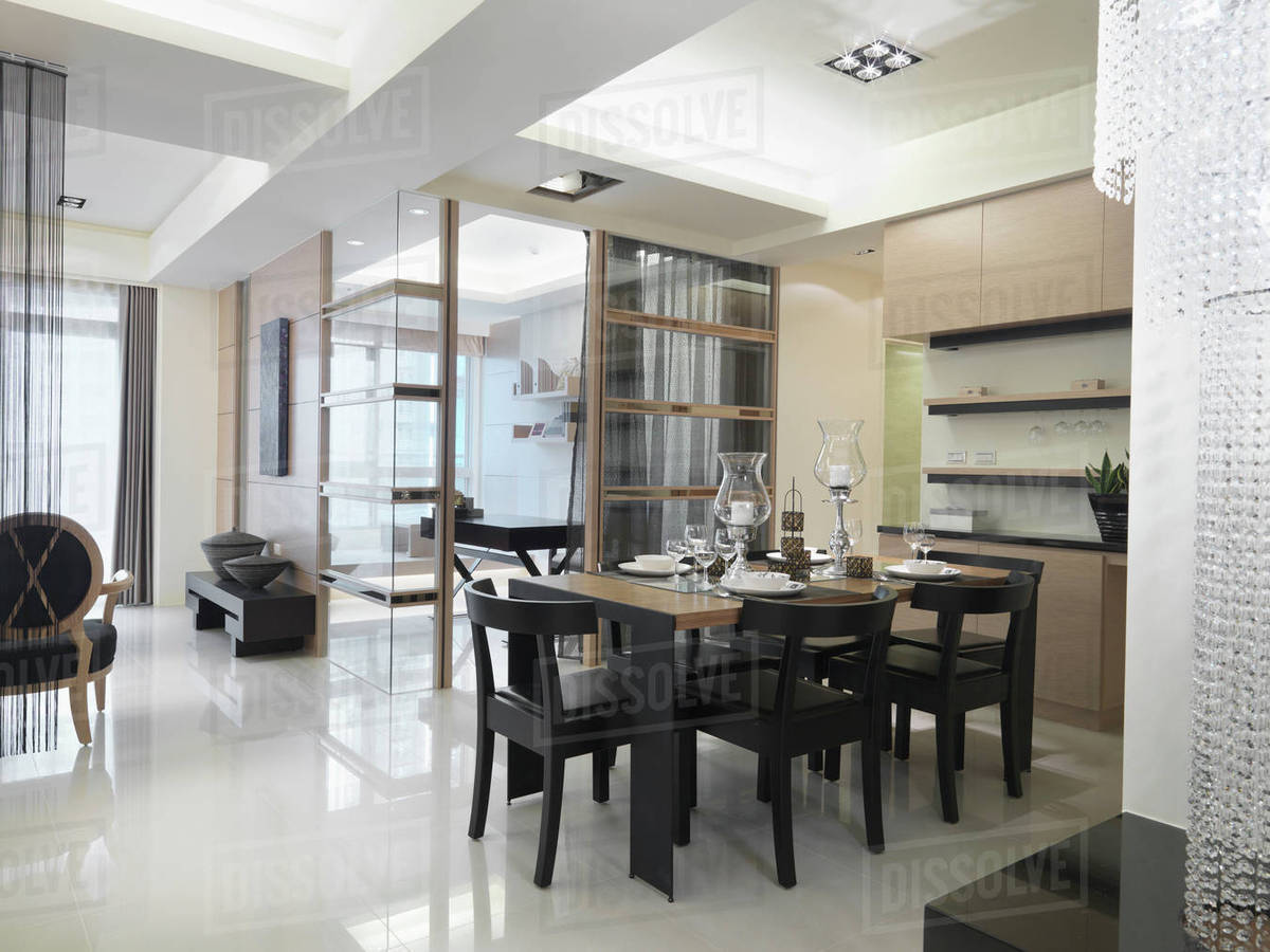 Modern Dining room with set up dining table Stock Photo Dissolve