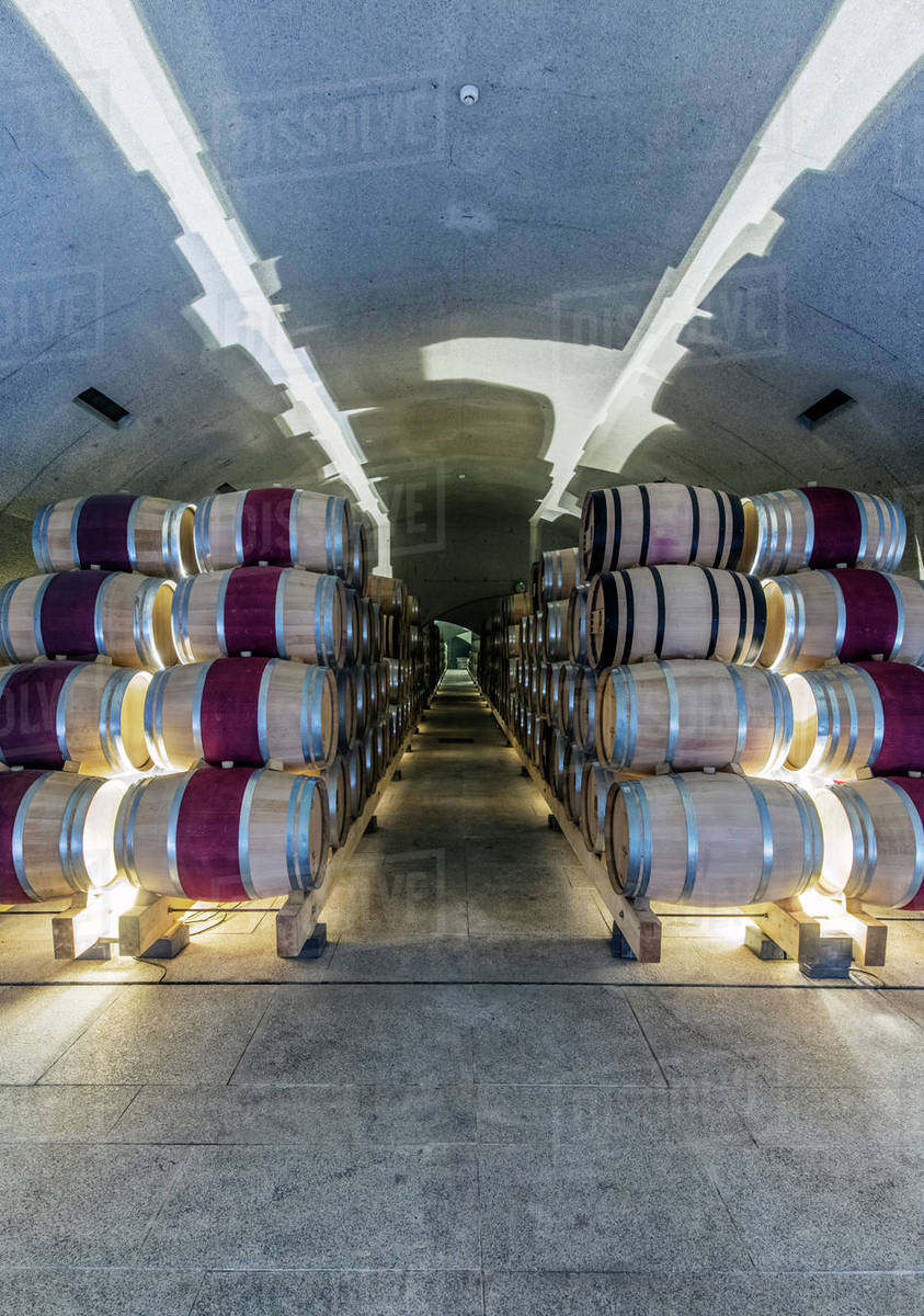 Barrels of wine aging in wine cellar Stock Photo Dissolve