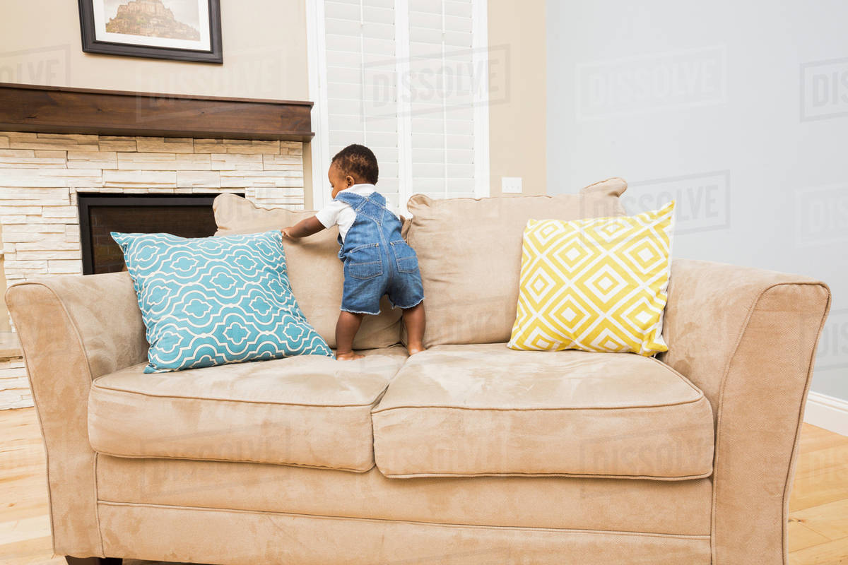 Black baby climbing on sofa in living room Stock Photo Dissolve