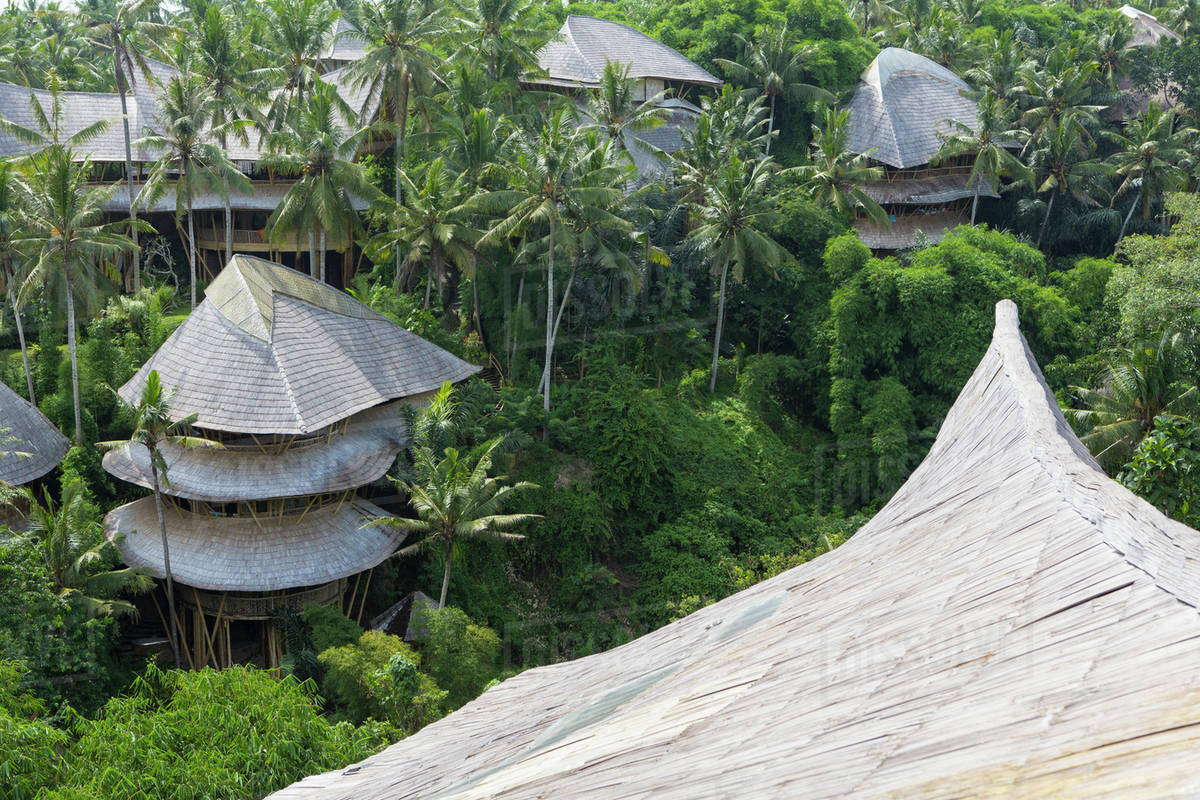 Treehouse rooftops of tropical hotel, Ubud, Bali, Indonesia Stock