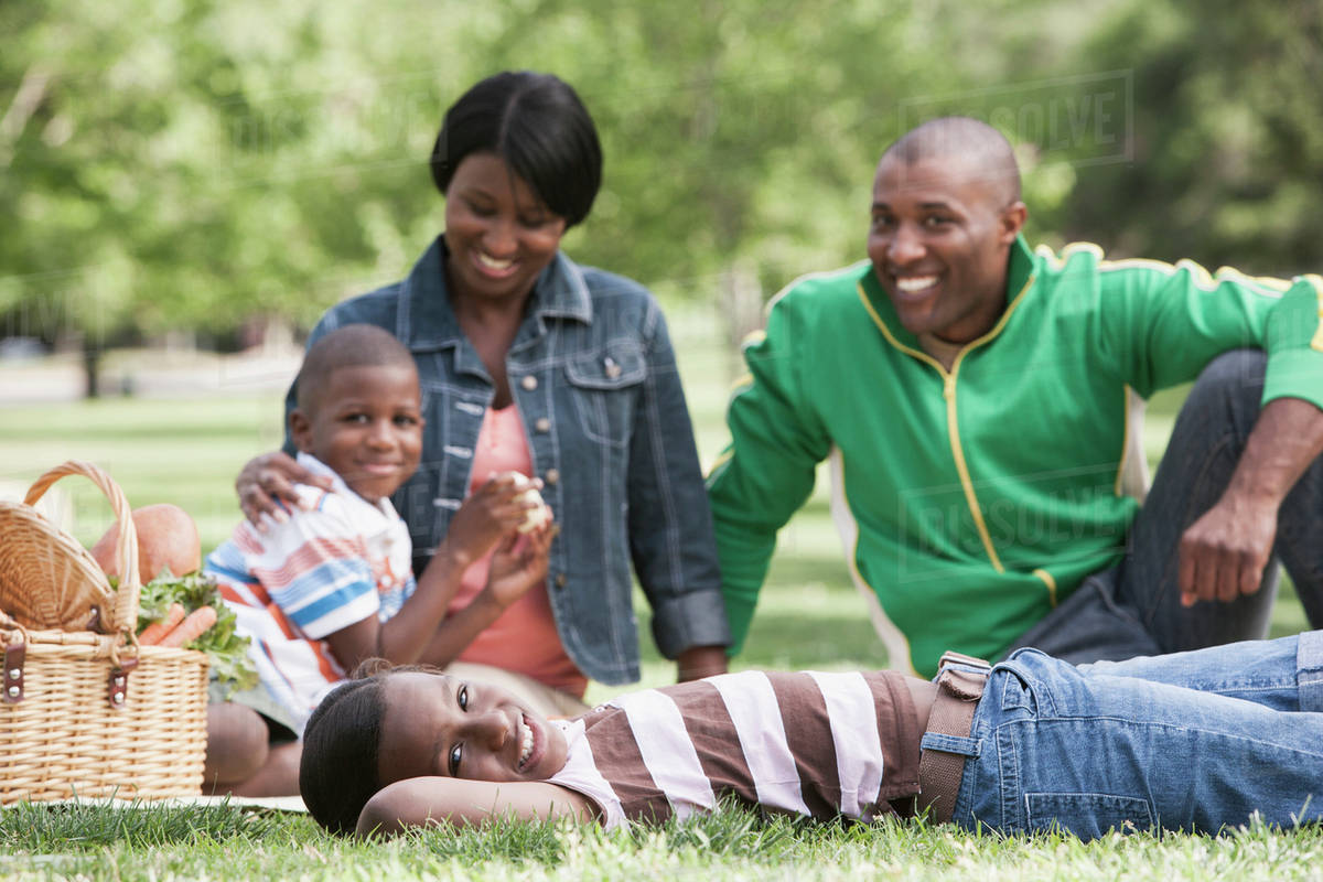 African American family having picnic in park Stock Photo Dissolve