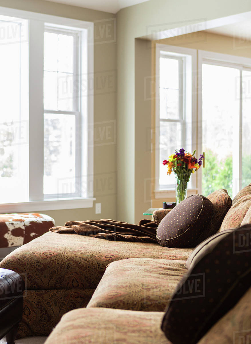 Pillows And Throw Blankets On Sofa In Living Room Stock Photo Pillows And Throw Blankets On Sofa In Living Room