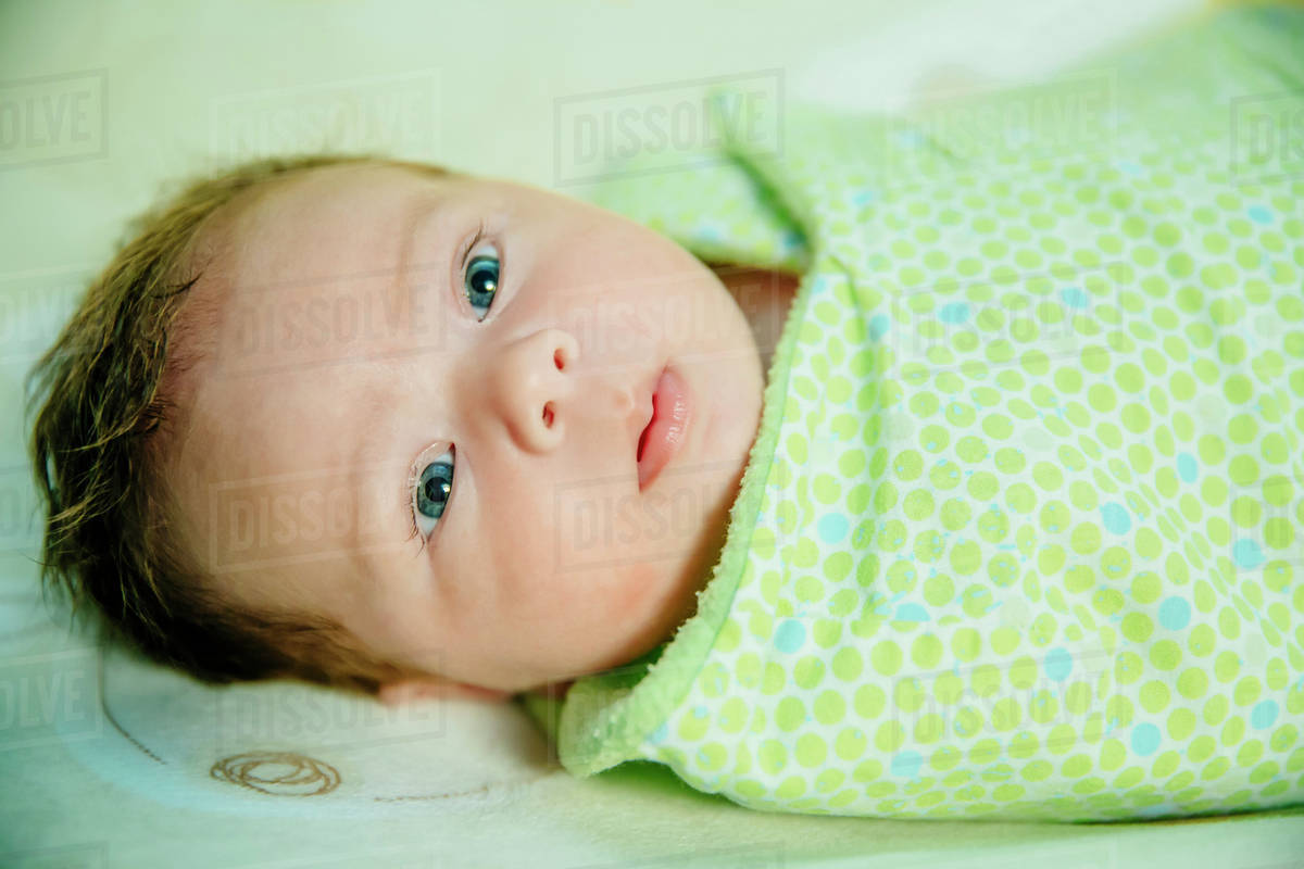 Caucasian baby boy swaddled in blanket Stock Photo Dissolve