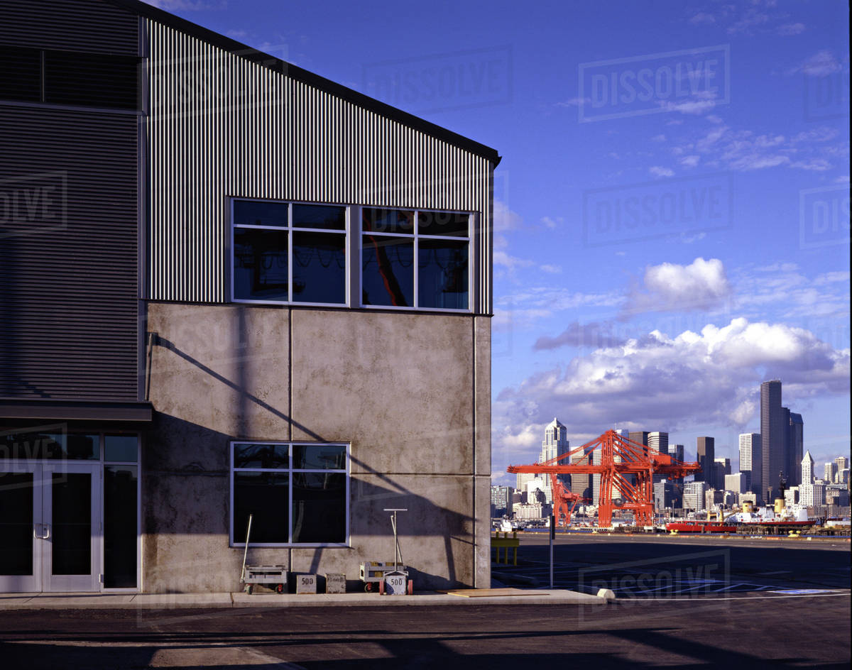 Warehouse and city skyline, Seattle, Washington, United States Stock Photo Dissolve