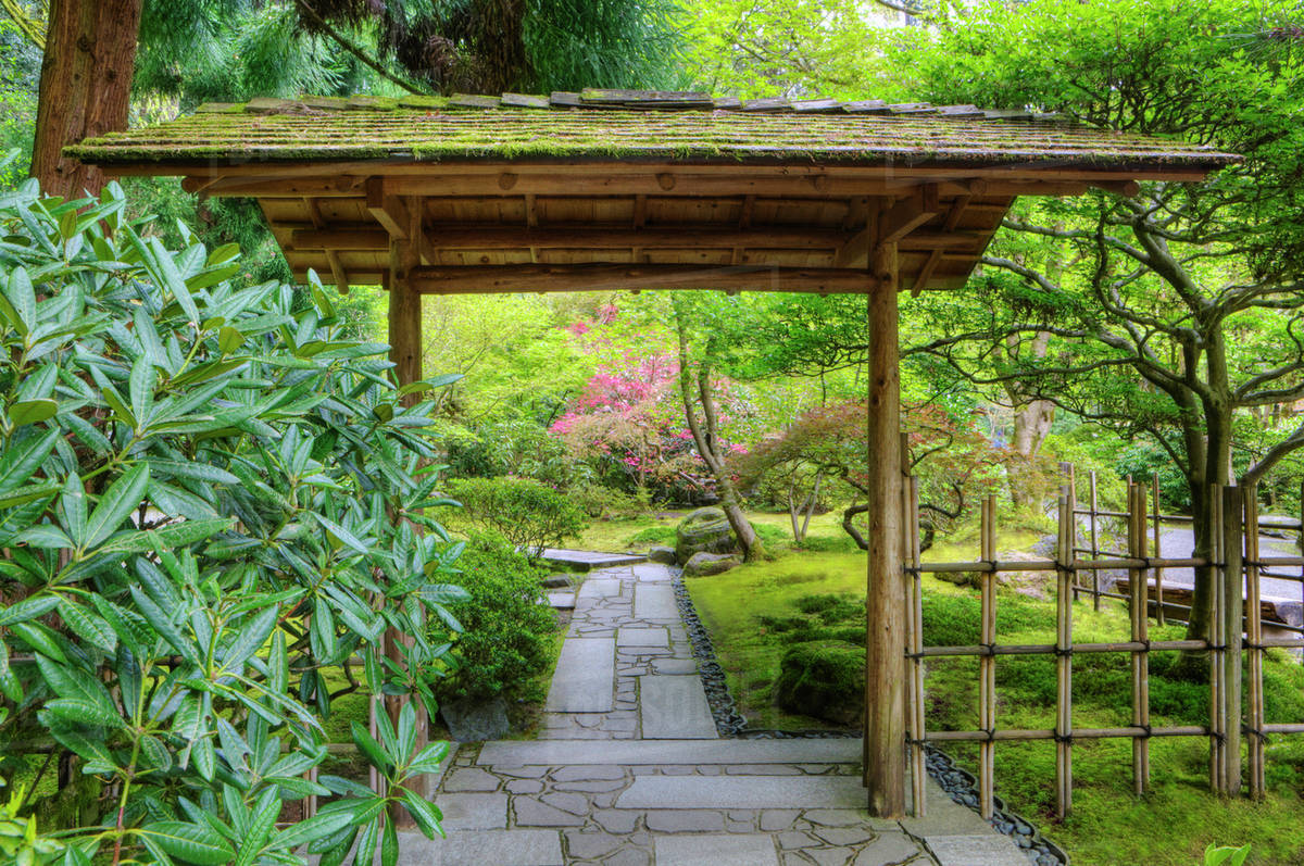 Gazebo in Japanese Garden, Portland, Oregon, United States Stock