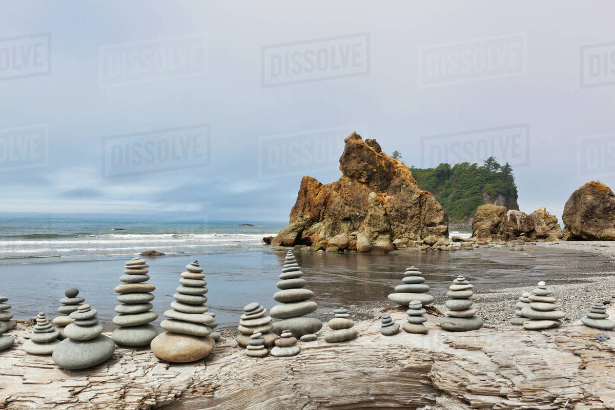 Stacked stones on Ruby beach, Forks, Washington, United States Stock