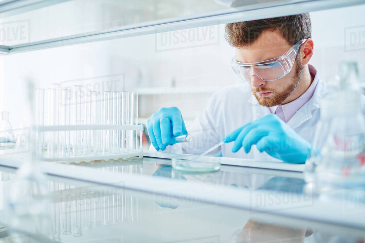 Scientist testing new substance in lab Stock Photo Dissolve