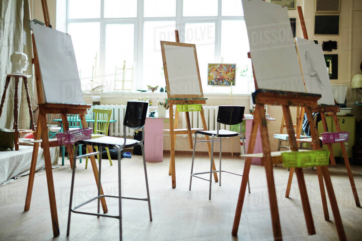 Studio of painting with easels and chairs Stock Photo Dissolve