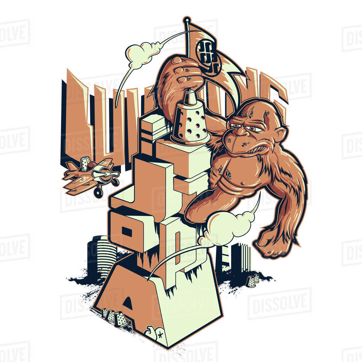 Cartoon illustration of ape on Jotopia structure Royalty-free stock photo