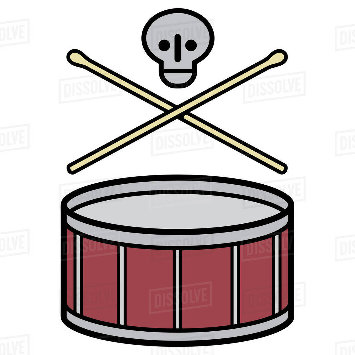 Illustration of drum with drum sticks and skull against white background Royalty-free stock photo