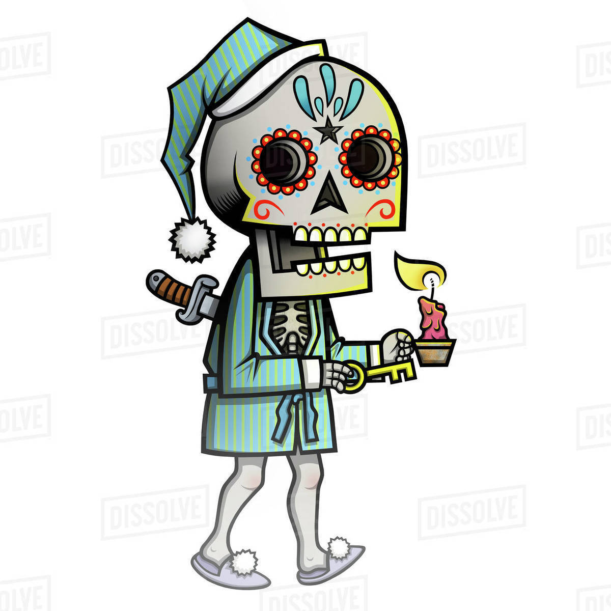 Illustration of skeleton in Santa hat and robe holding candle against white background Royalty-free stock photo