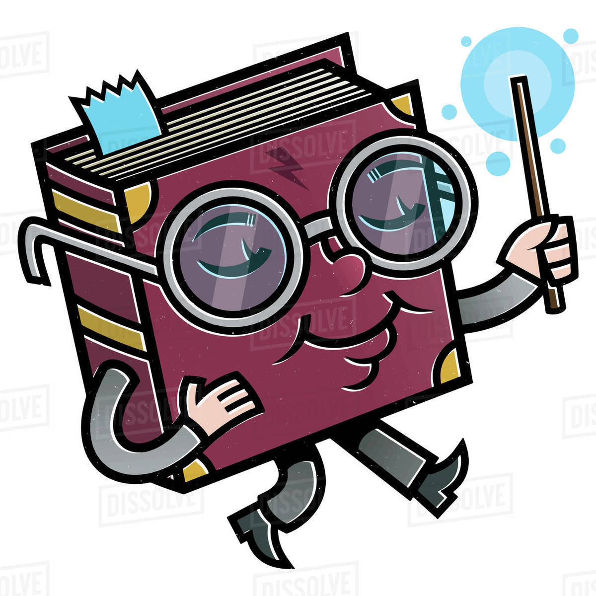 Cartoon illustration of book wearing eyeglasses holding baton against white background Royalty-free stock photo