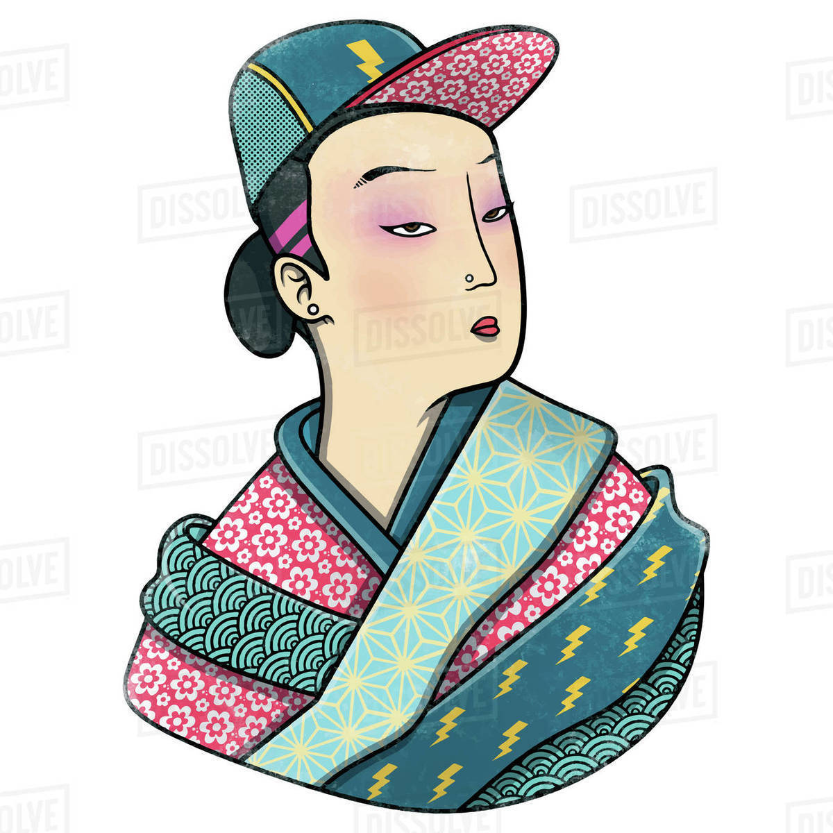 Illustration of a girl in kimono and cap isolated on white background Royalty-free stock photo