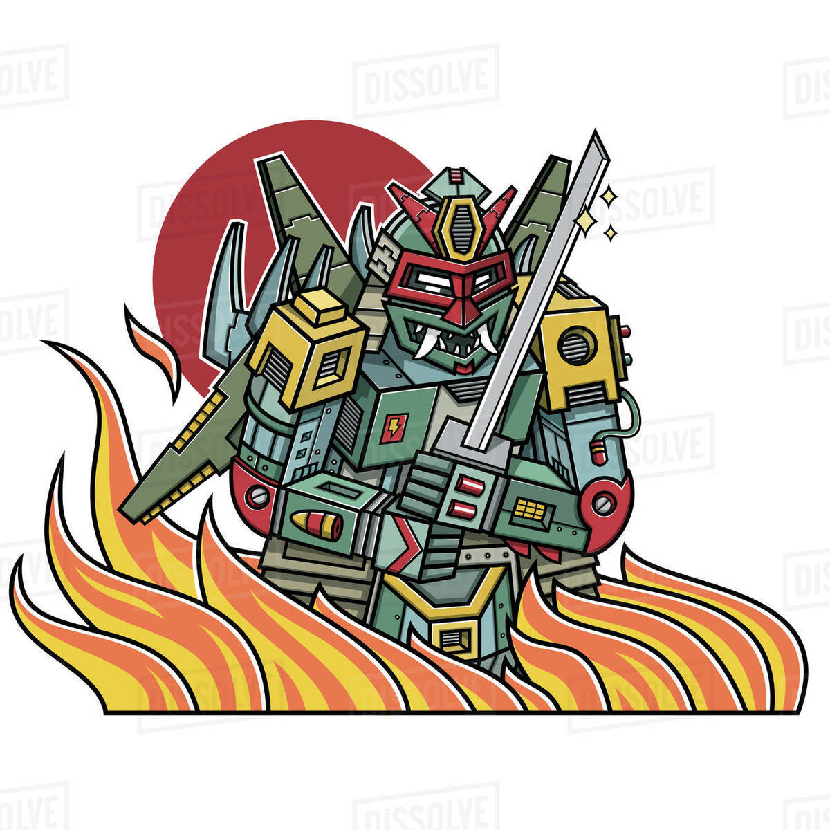 Cartoon illustration of samurai robot with fire isolated on white background Royalty-free stock photo