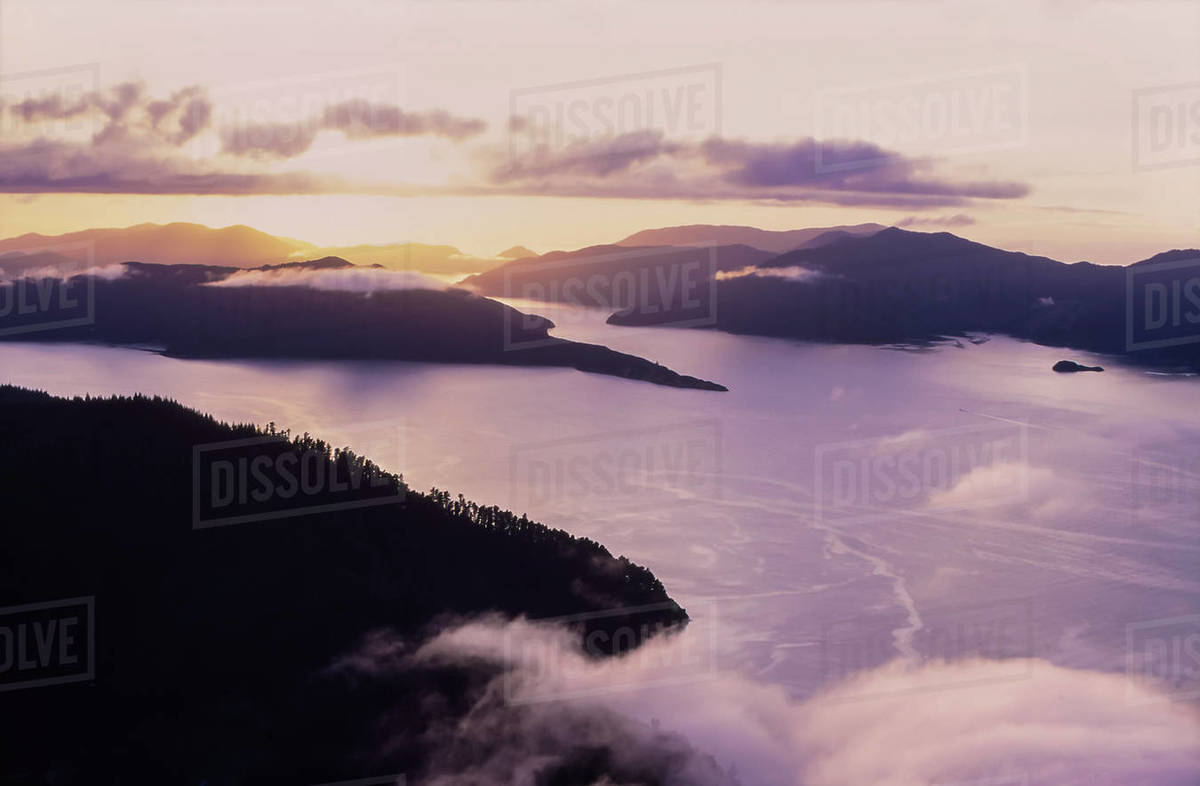 Aerial of Queen Charlotte Sounds at sunrise Stock Photo Dissolve