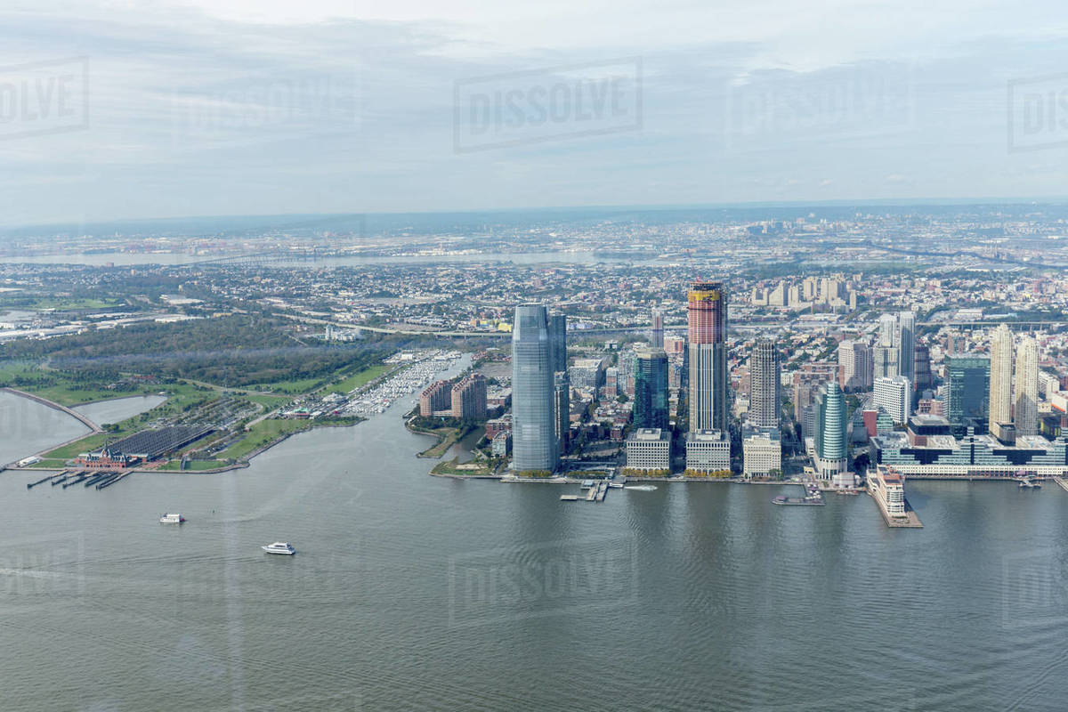 Aerial view of new York buildings and Atlantic ocean, USA Stock Photo Dissolve
