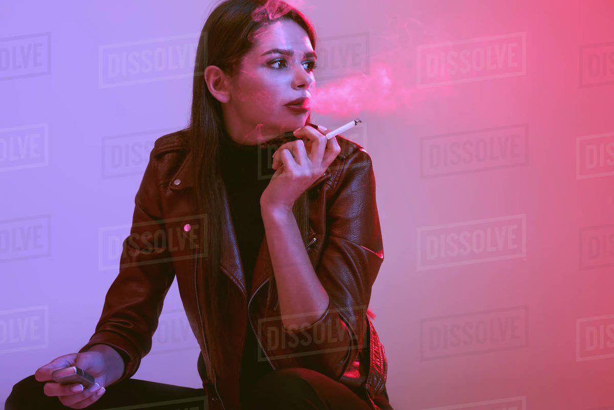 Beautiful Model In Leather Jacket Smoking Cigarette On Pink D2115 206 664