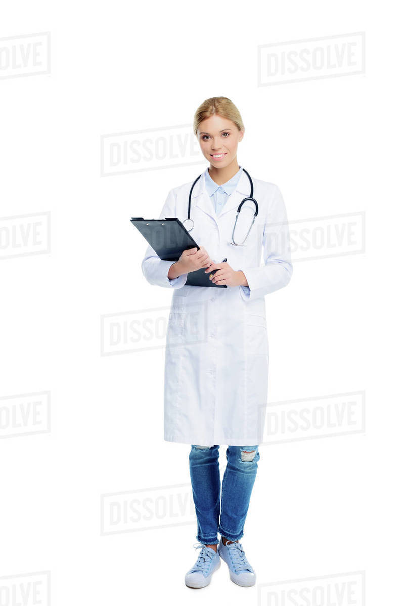 Attractive female doctor in white coat with diagnosis, isolated on