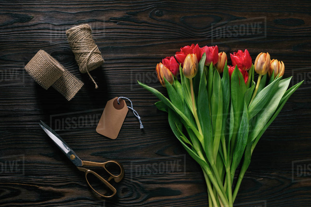 Top view of arranged tulips, rope, scissors and ribbon for decoration ...