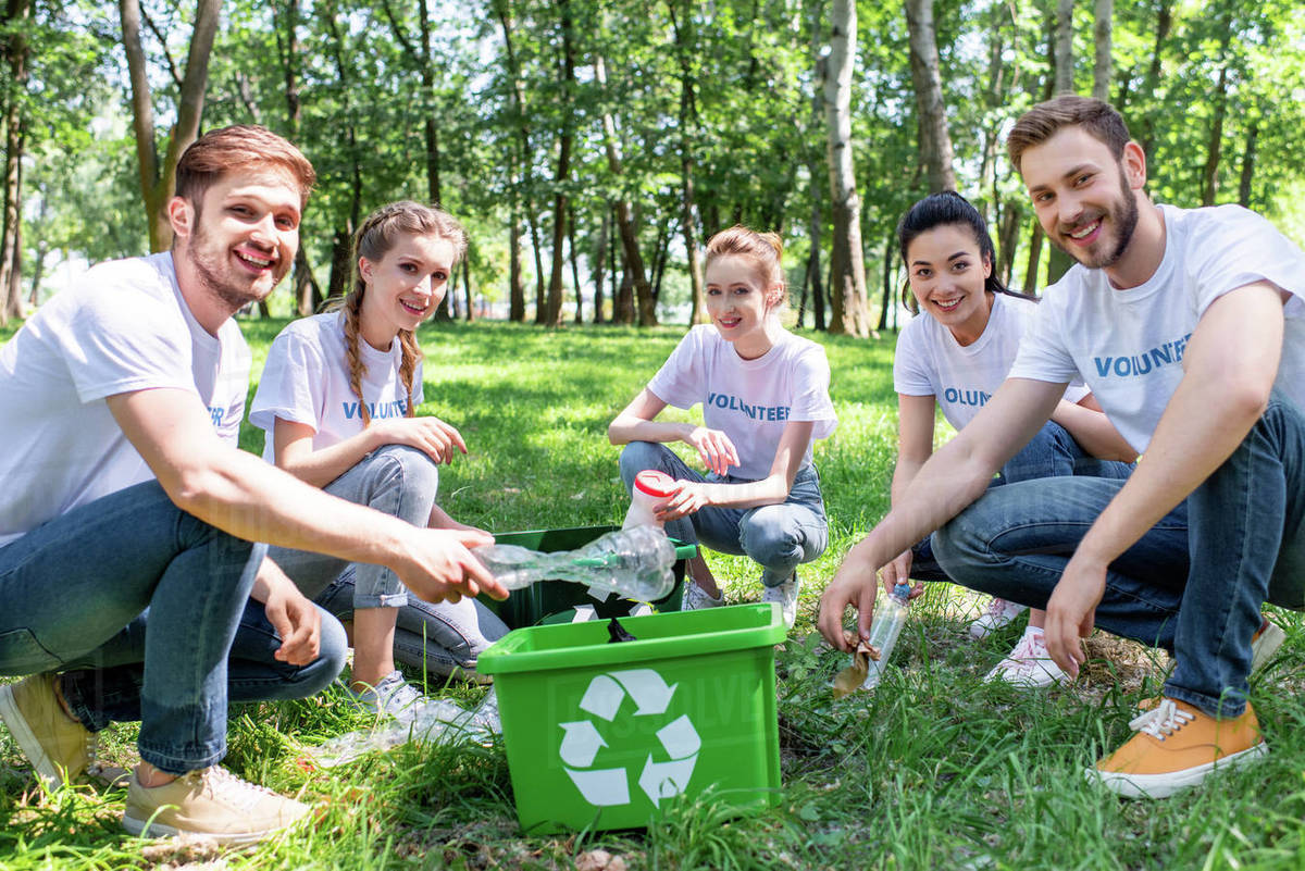 Young volunteers with green recycling box cleaning park Stock Photo Dissolve
