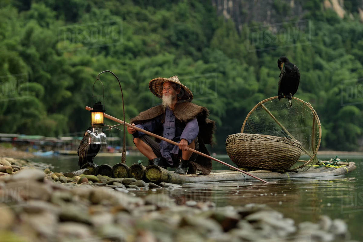 Cormorant fisherman, Yangshuo, Guilin, China Stock Photo Dissolve