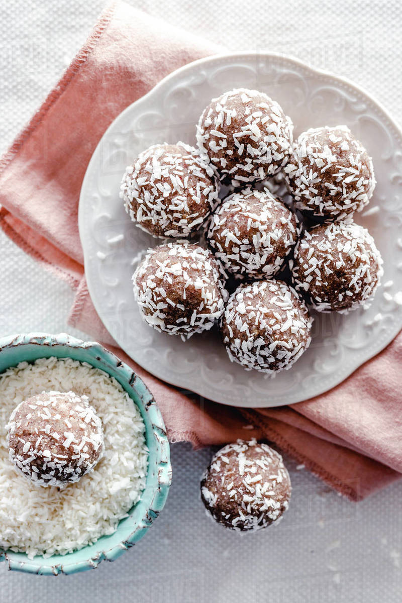 Coconut, nuts and dates energy balls Stock Photo Dissolve