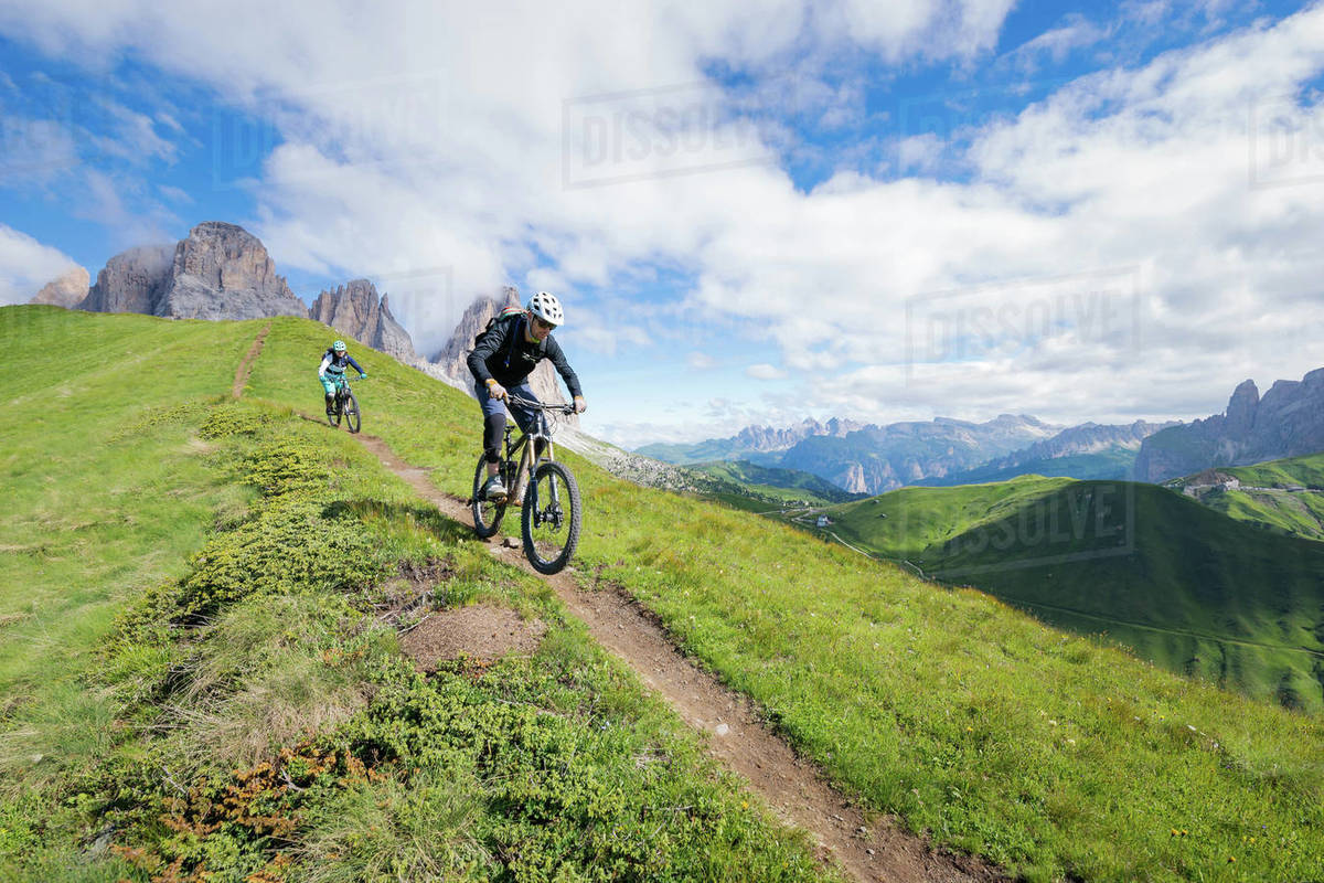 Bike Trails Mtb In Val Gardena Two People Mountain Biking Above