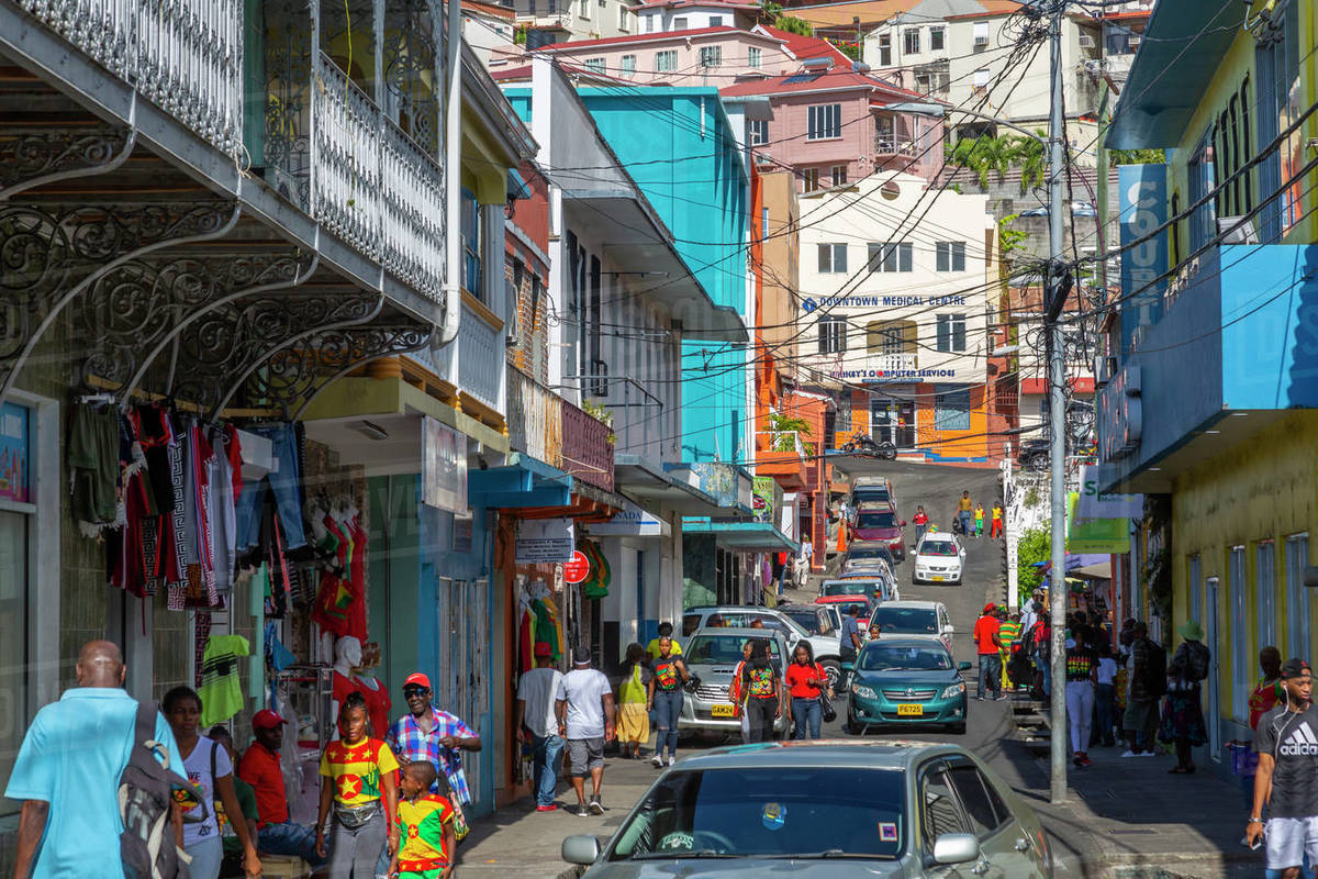 View of busy street in St. George's, Grenada, Windward Islands, West Indies, Caribbean, Central America Royalty-free stock photo