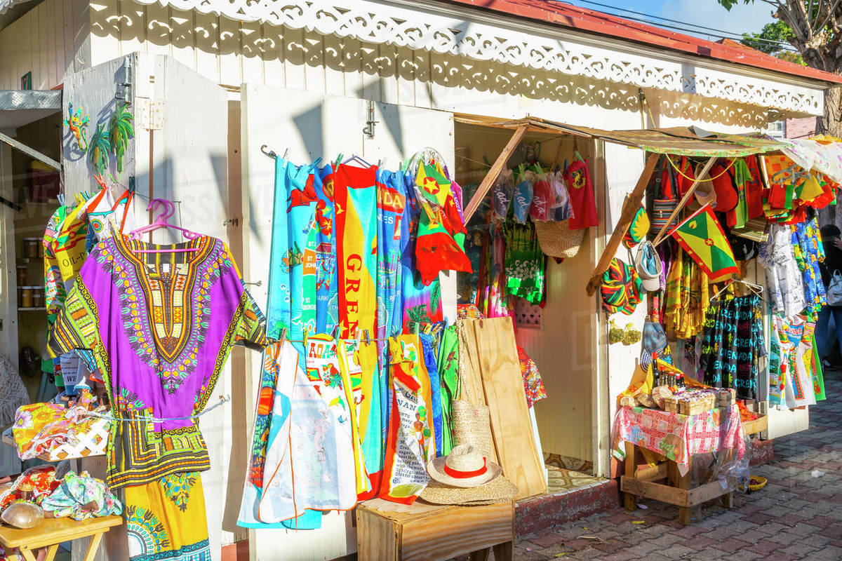 Traditional colourful clothing on Melville Street in St. George's, Grenada, Windward Islands, West Indies, Caribbean, Central America Royalty-free stock photo