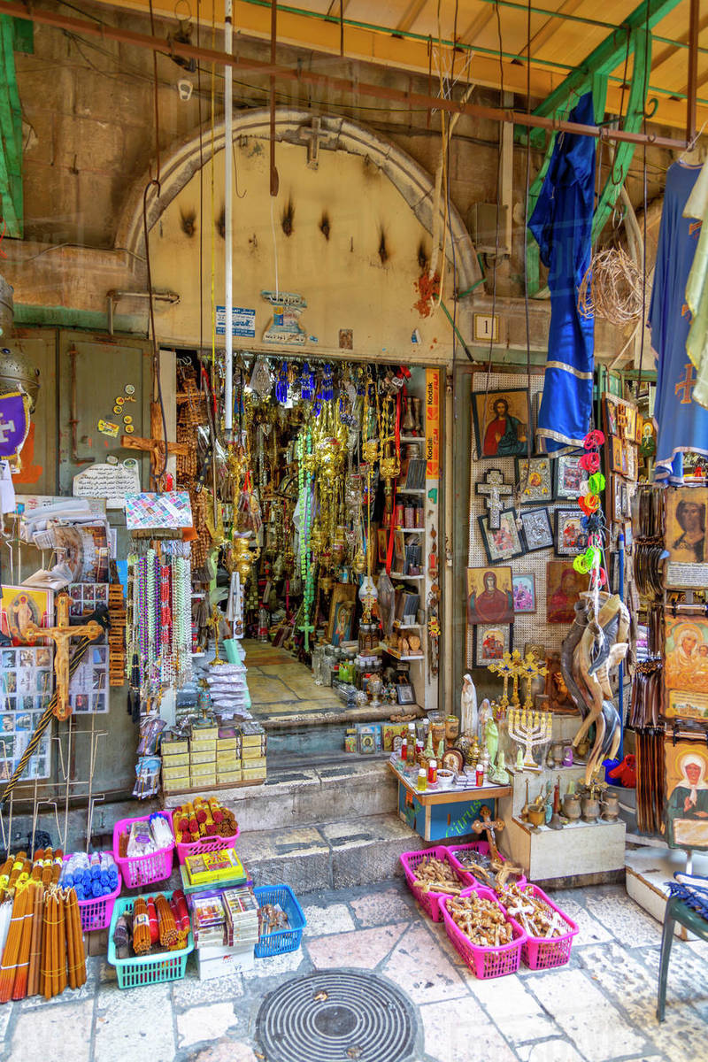 View of shop near Church of the Holy Sepulchre in Old City, Old City, UNESCO World Heritage Site, Jerusalem, Israel, Middle East Royalty-free stock photo