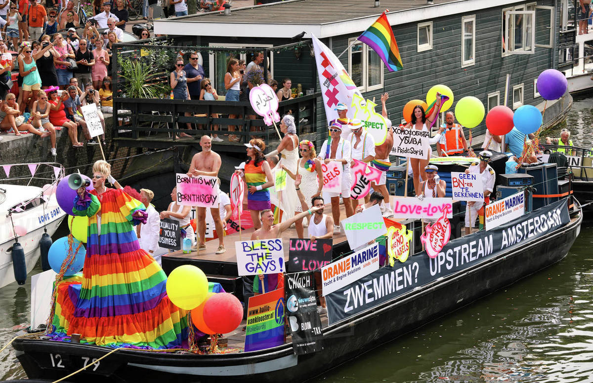 Boat at Gay Pride parade, Canal parade in Amsterdam, North Holland, The Netherlands, Europe Royalty-free stock photo